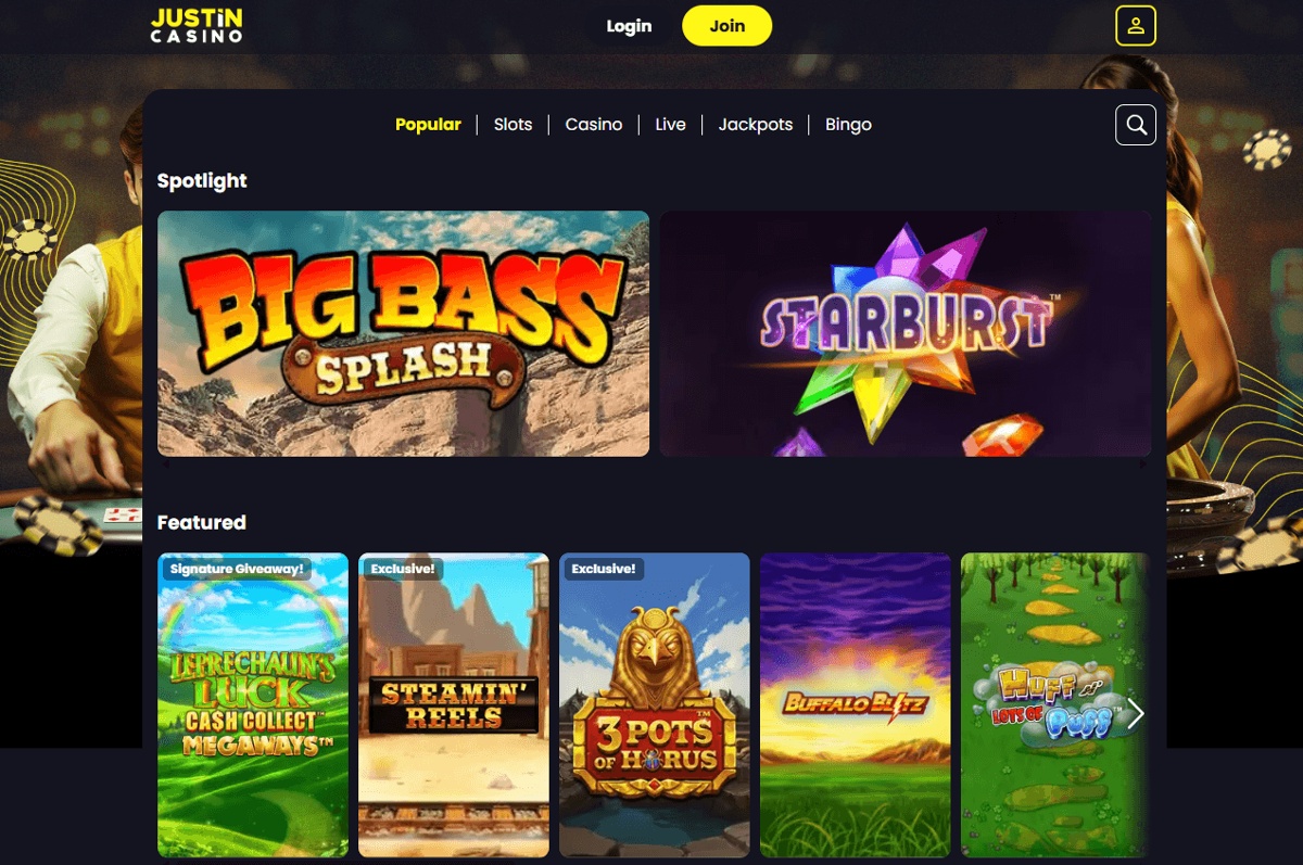 Justin Casino homepage in the UK showing deposit bonus and featured games list